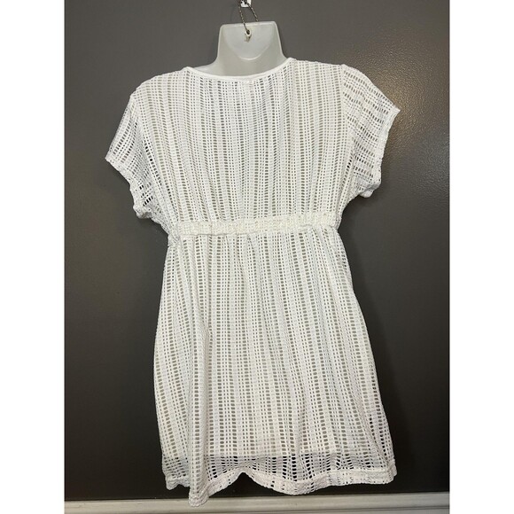White Swimsuit Cover Up Dress Womens Large Crochet Mesh V Neck Beach Tunic - Picture 5 of 7